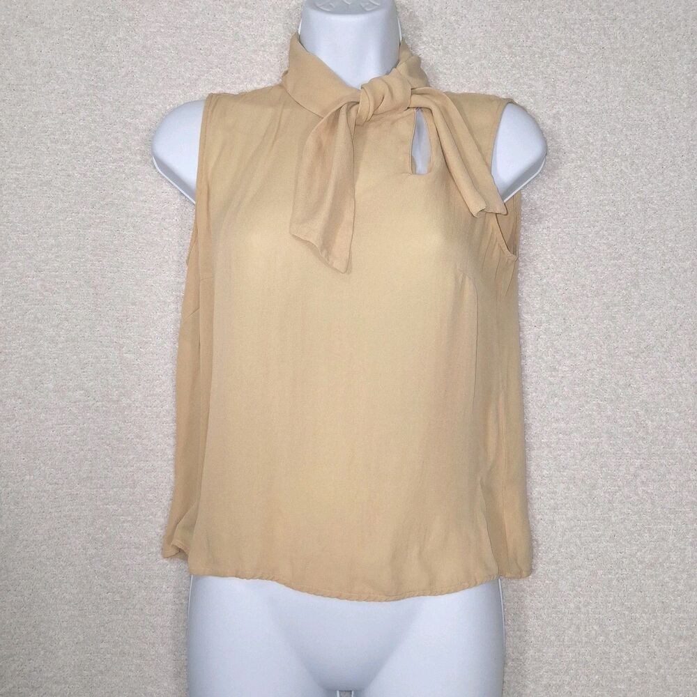 100% Silk Mustard Tie Neck Top Sz Keyhole Luxury Elegant Sophisticated Chic